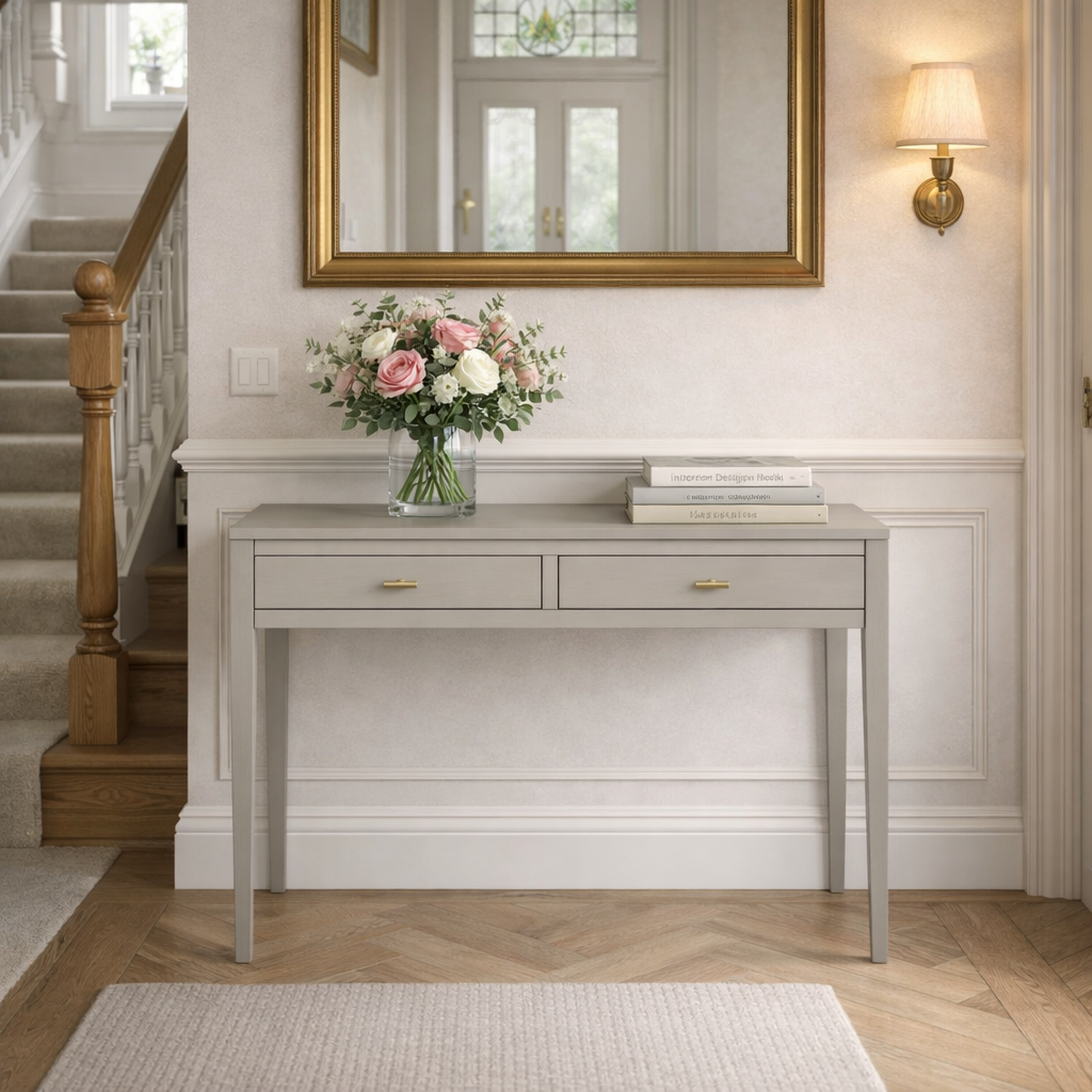 Gray console table with a vase of flowers and books in a home interior setting.