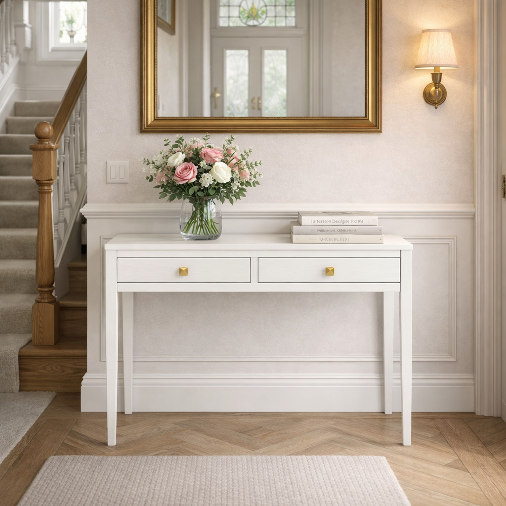 White console table with a vase of flowers in a home interior setting.