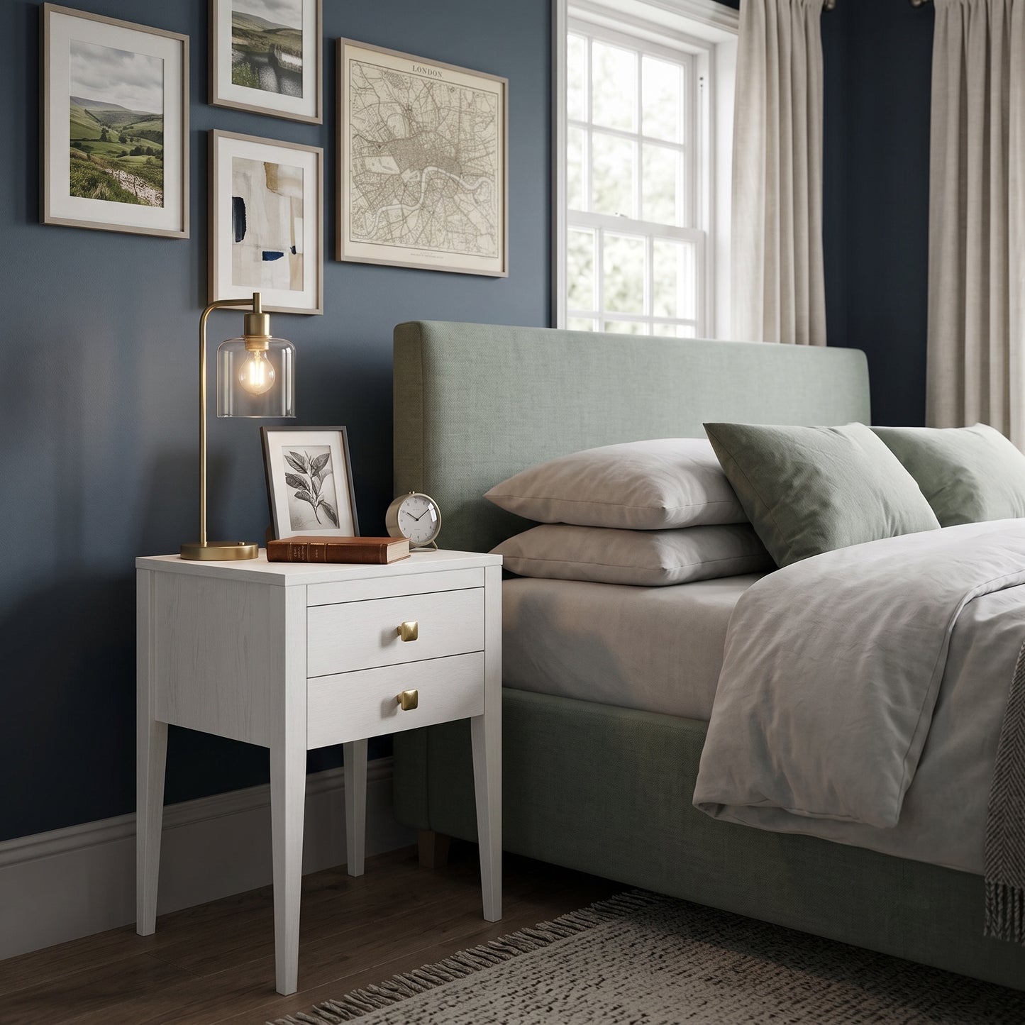 A styled bedroom scene featuring a white two-drawer nightstand with gold hardware next to a light sage green upholstered bed. The room has dark navy blue walls, framed art, a brass table lamp, and a window with curtains.