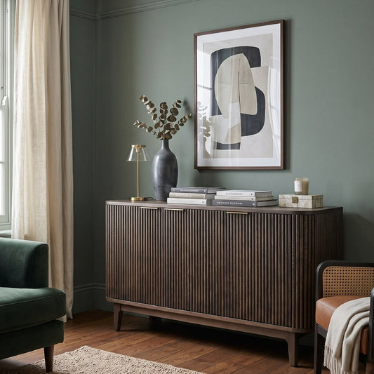 A styled living room corner featuring a mid-century modern wooden sideboard with vertical slats, decorated with a vase of branches, books, and a small lamp. Above it hangs a framed abstract print.