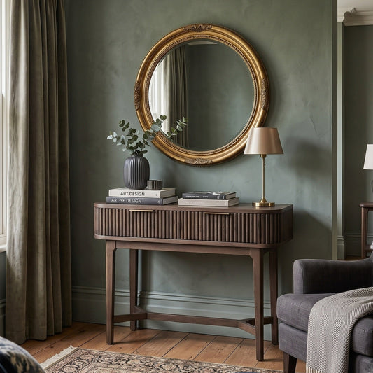 A styled interior room scene featuring a round ornate gold-framed mirror mounted on a textured sage green wall above a dark wood console table. 