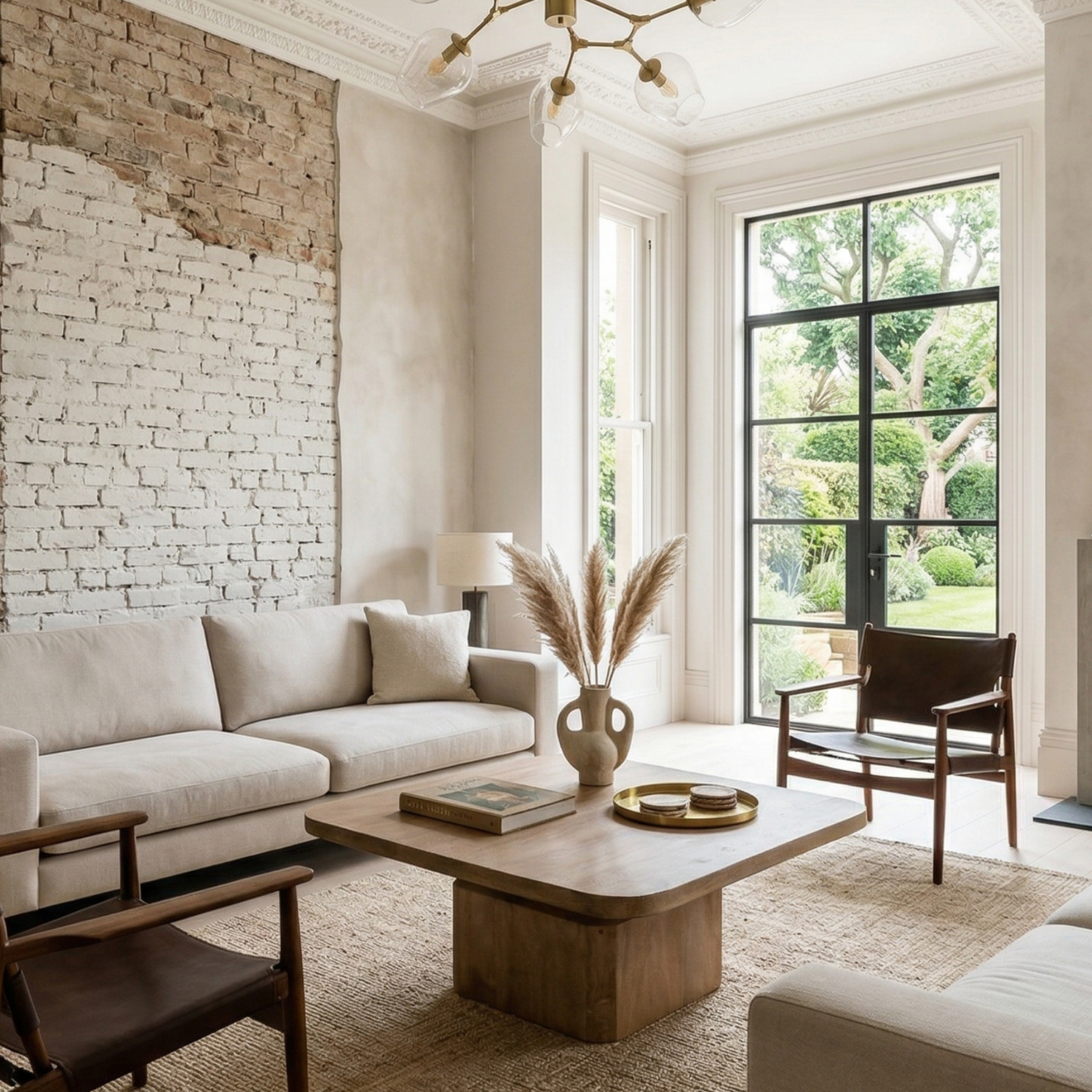 Modern living room with beige sofas, wooden coffee table, and brick wall.