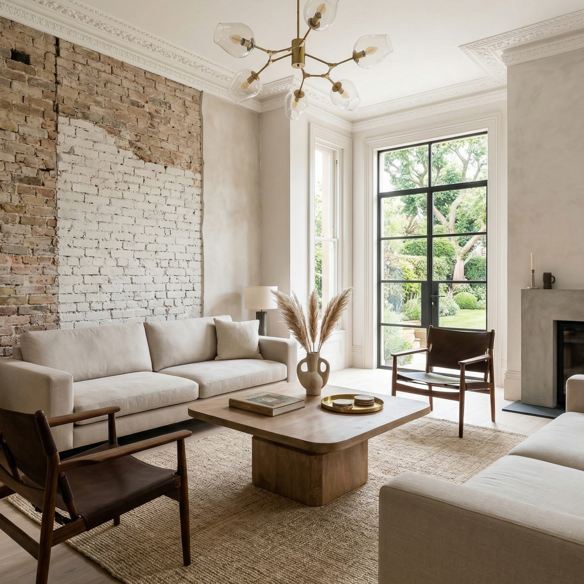 Modern living room with beige sofas, wooden coffee table, and brick wall.