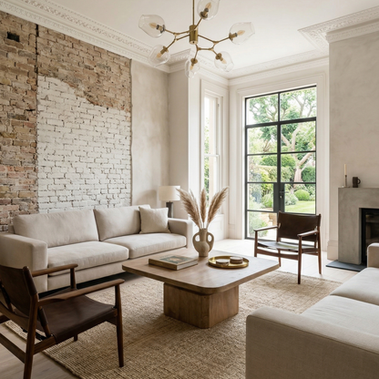 Modern living room with beige sofas, wooden coffee table, and brick wall.