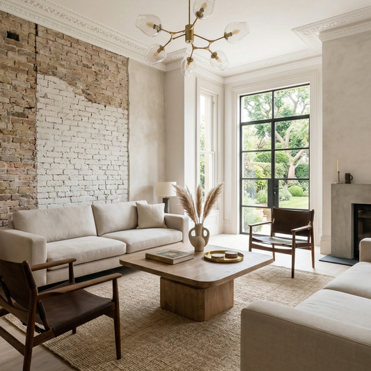 Modern living room with beige sofas, wooden coffee table, and brick wall.