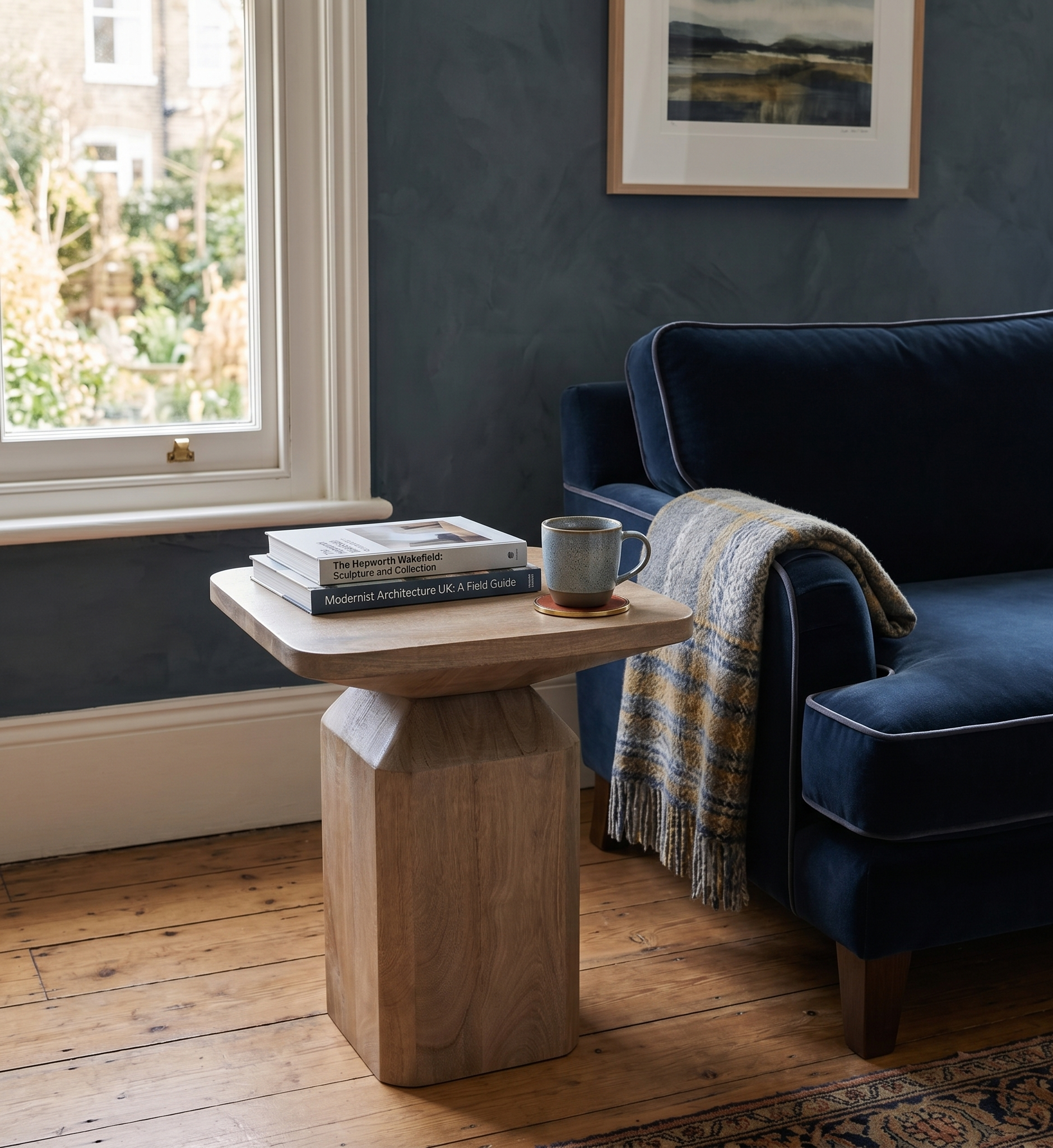 Navy blue sofa with a wooden side table and books in a room with a window and framed picture on the wall.