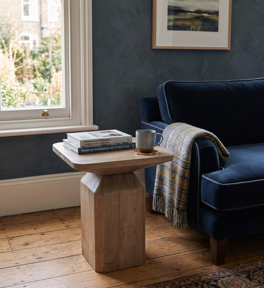 Navy blue sofa with a wooden side table and books in a room with a window and framed picture on the wall.