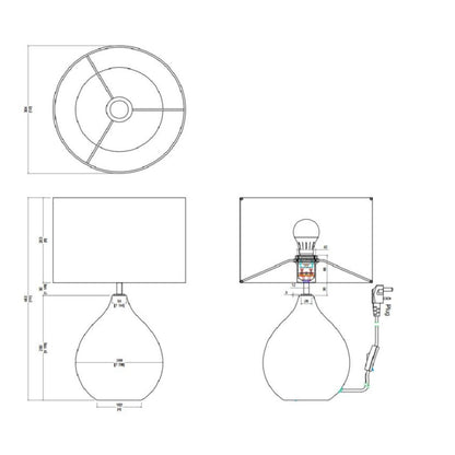 Technical drawing of a lamp with dimensions and details on a white background