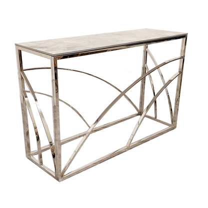 Shop now to define your interior design with this Chrome Framed art deco inspired Console Table, featuring a marble effect Sintered Stone top gold tone. Perfectly suited for hallways. Shop online today at www.nobleandnook.co.uk