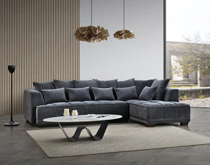 Shop the Aluxo Gramercy Corner Sofa in Steel Velvet, featuring block stitched seat cushions and stunning steel-coloured mermaid fabric for a modern luxury with timeless opulence. Shop online today at www.nobleandnook.co.uk