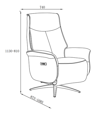 Line drawing of a high-back office chair with dimensions labeled