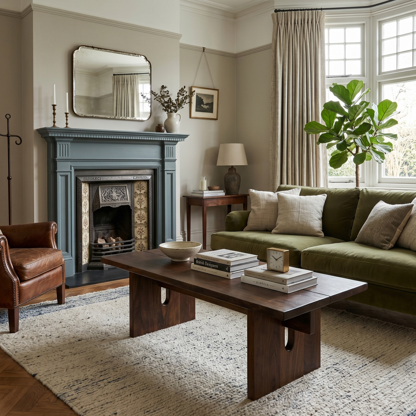 Living room with green sofa, wooden coffee table, and fireplace.