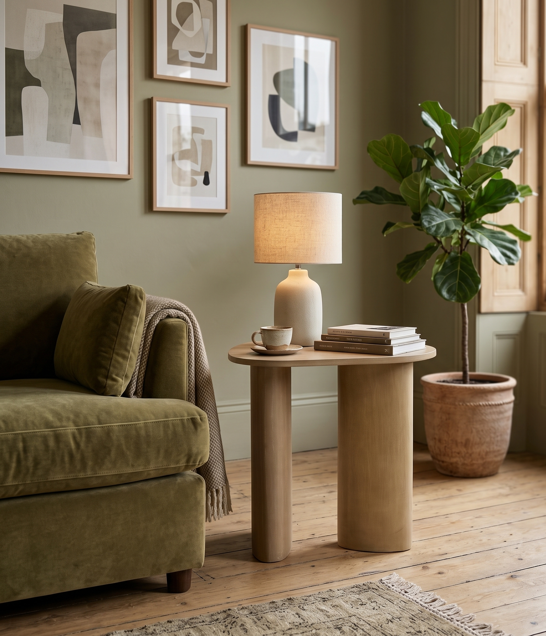 A round wooden side table in a styled living room setting, styled with a beige ceramic table lamp, a stack of books, and a small white teacup and saucer. The table is positioned next to a green velvet armchair and a potted fiddle-leaf fig plant.
