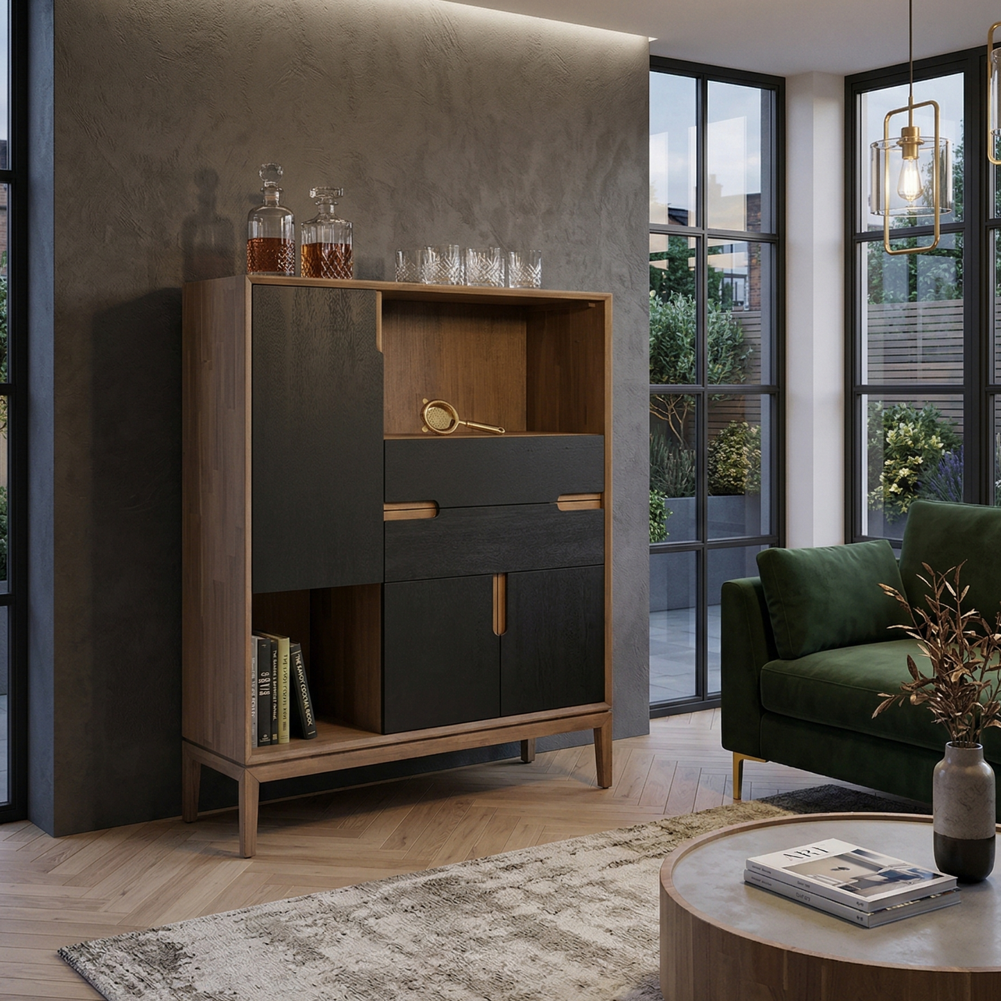 Modern living room with a wooden cabinet, green sofa, and round coffee table.