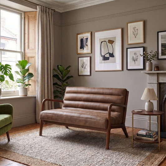 A brown leather loveseat with a wooden frame in a styled living room, featuring a gallery wall, a green armchair, a window with curtains, and a fireplace.