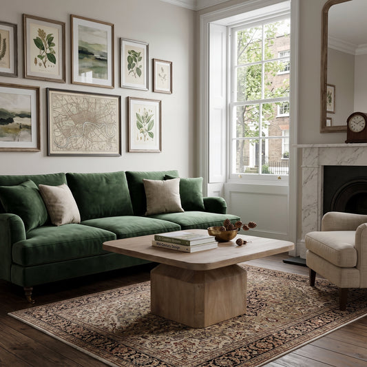 A styled living room featuring a plush emerald green velvet sofa as the main furniture piece, styled with neutral throw pillows, a light wood coffee table, a patterned area rug, and a classic window in the background.