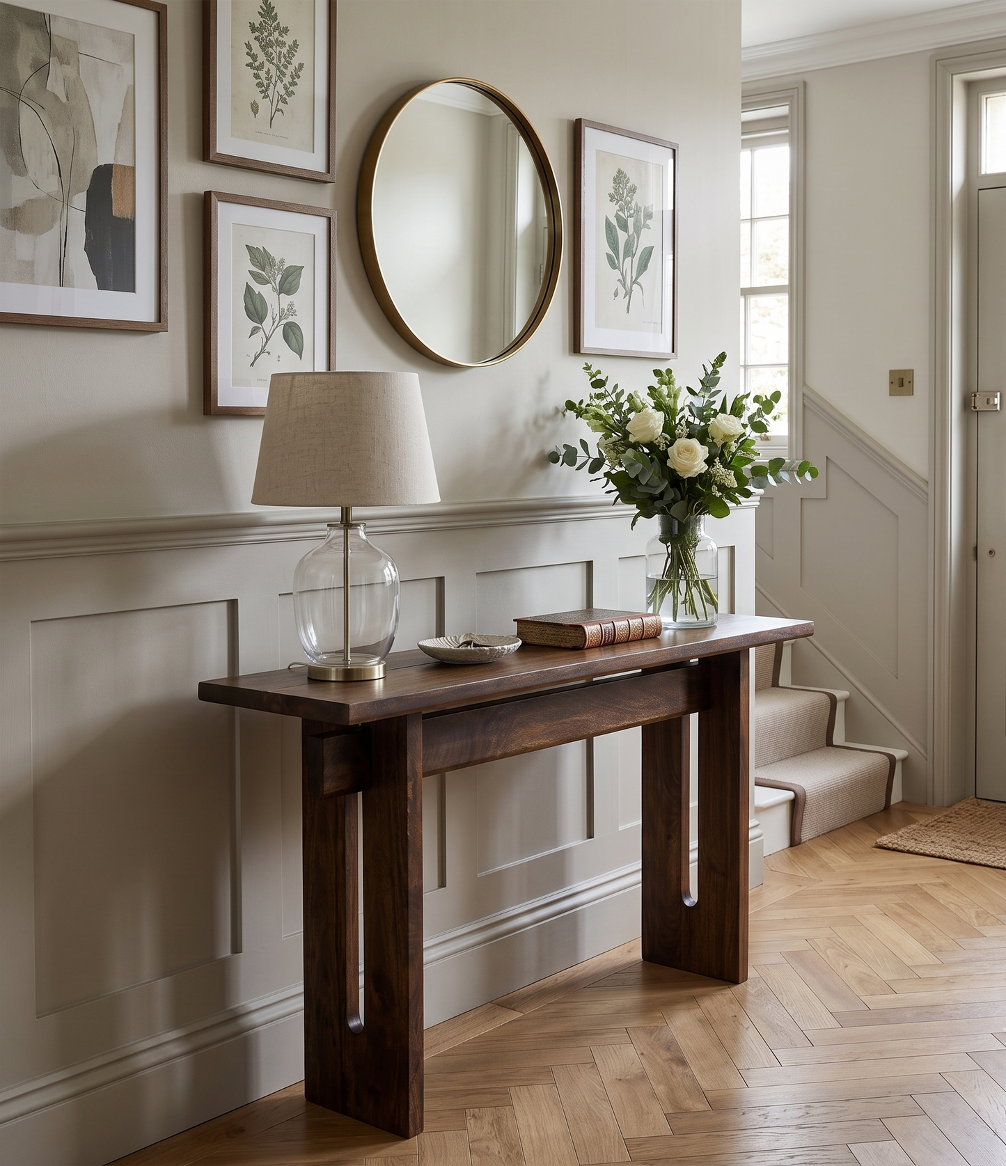 A dark wood console table in a bright, elegant entryway. The table is styled with a clear glass table lamp, a vase of white flowers, and a small book, set against a beige paneled wall with framed botanical prints and a round mirror.