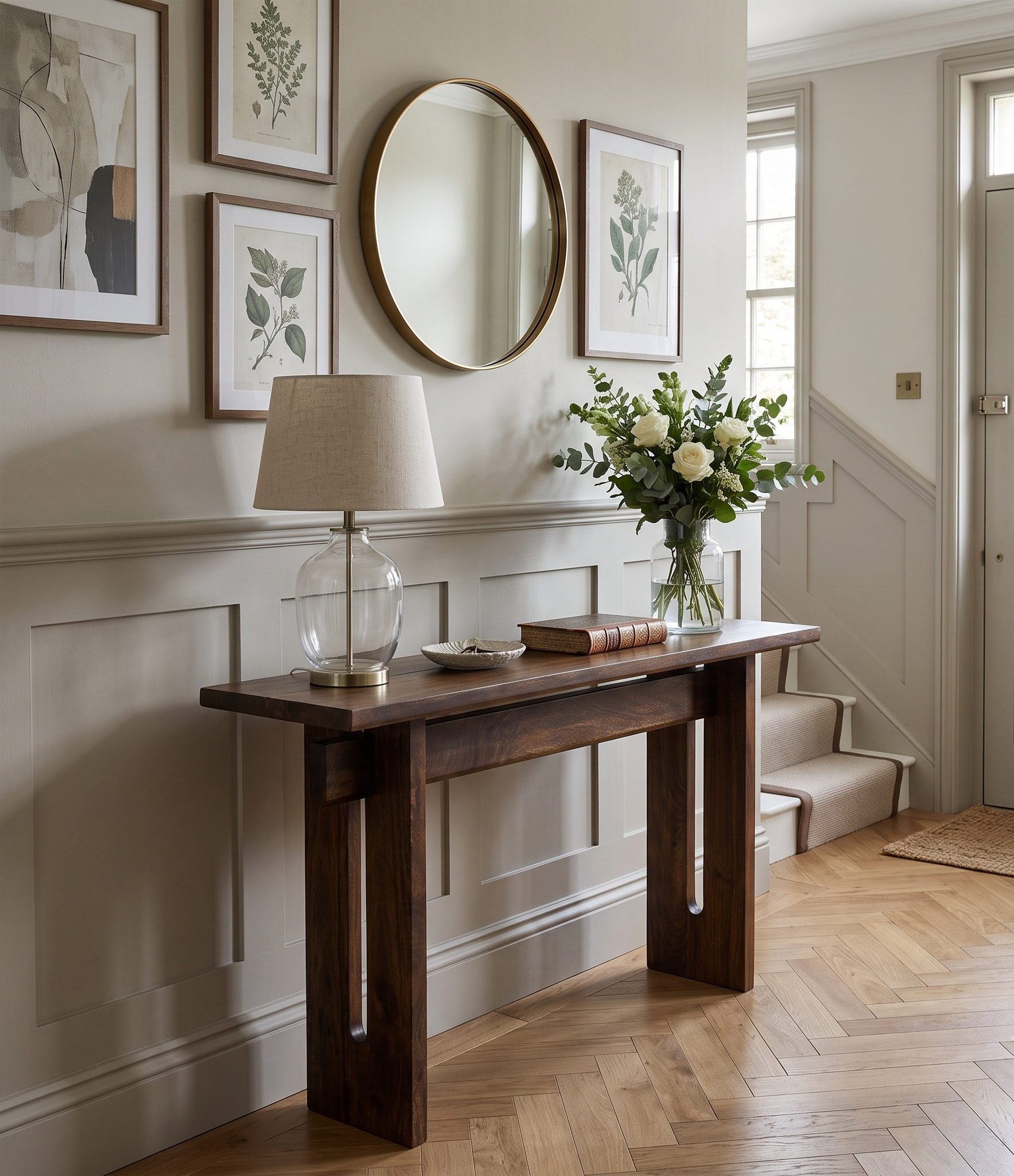 A dark wood console table in a bright, elegant entryway. The table is styled with a clear glass table lamp, a vase of white flowers, and a small book, set against a beige paneled wall with framed botanical prints and a round mirror.