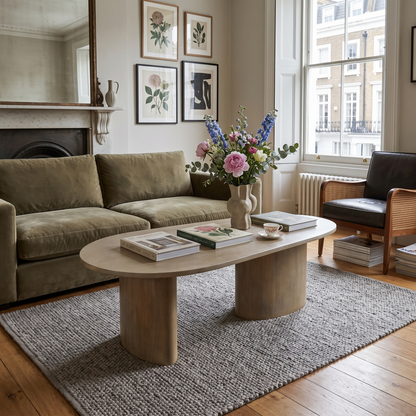 A styled living room featuring a light wood oval coffee table with chunky cylindrical legs, set on a textured gray rug. The table is decorated with a vase of pink and blue flowers, books, and a small teacup.