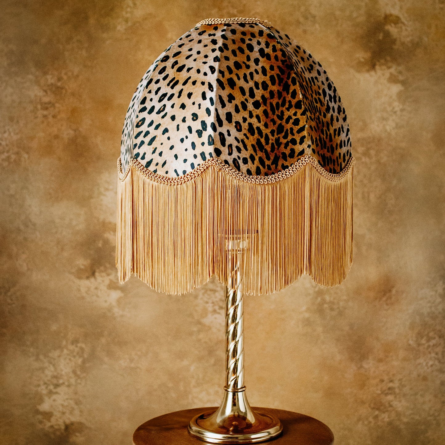 The Barbara Fringed Lampshade | Golden Animal Print Velvet