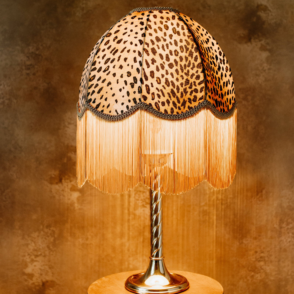 The Barbara Fringed Lampshade | Golden Animal Print Velvet