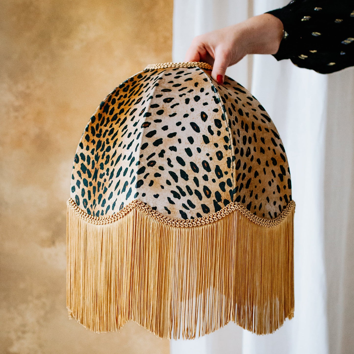 The Barbara Fringed Lampshade | Golden Animal Print Velvet