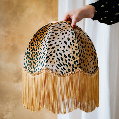 The Barbara Fringed Lampshade | Golden Animal Print Velvet
