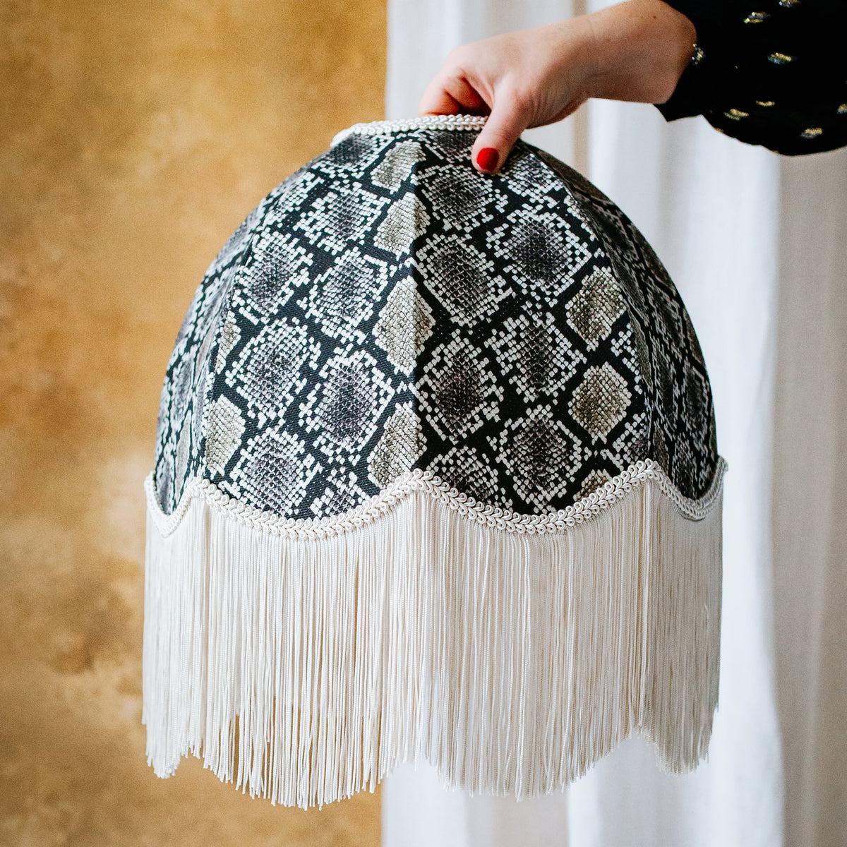 The Bianca Snakeskin Fringed Lampshade | Linen & Ivory Fringe
