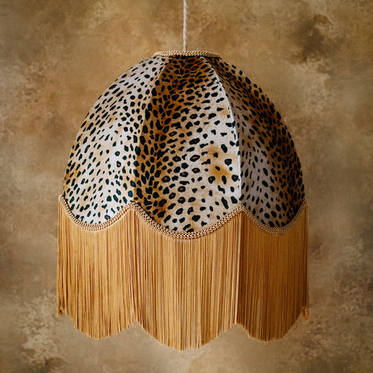 The Barbara Fringed Lampshade | Golden Animal Print Velvet