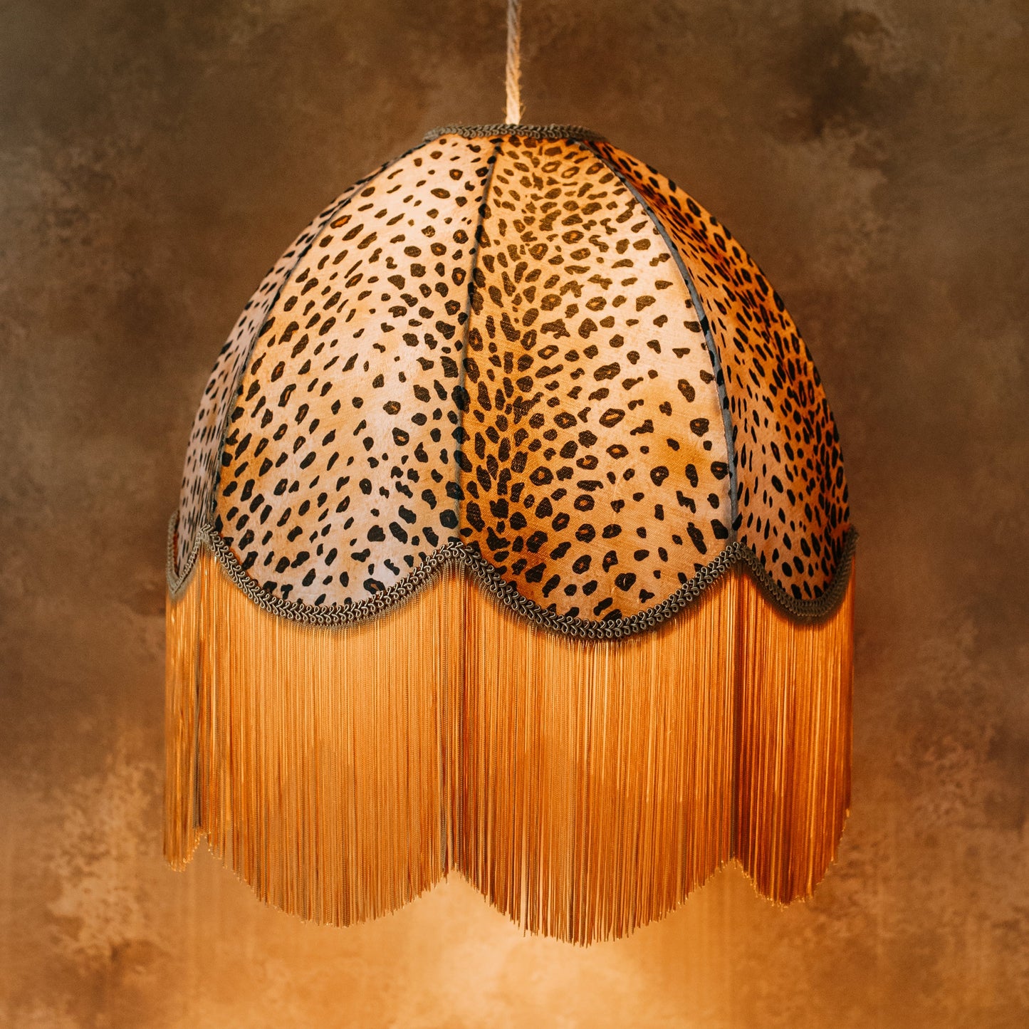 The Barbara Fringed Lampshade | Golden Animal Print Velvet
