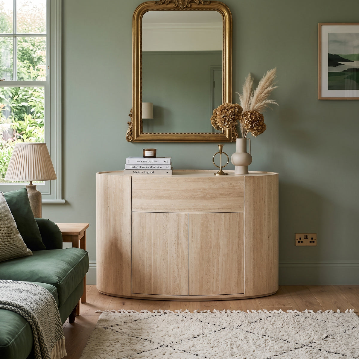 A light natural wood sideboard or credenza with curved paneling, styled in a living room setting under a large ornate gold-framed mirror. The room features sage green walls, a green sofa, and a white textured rug.