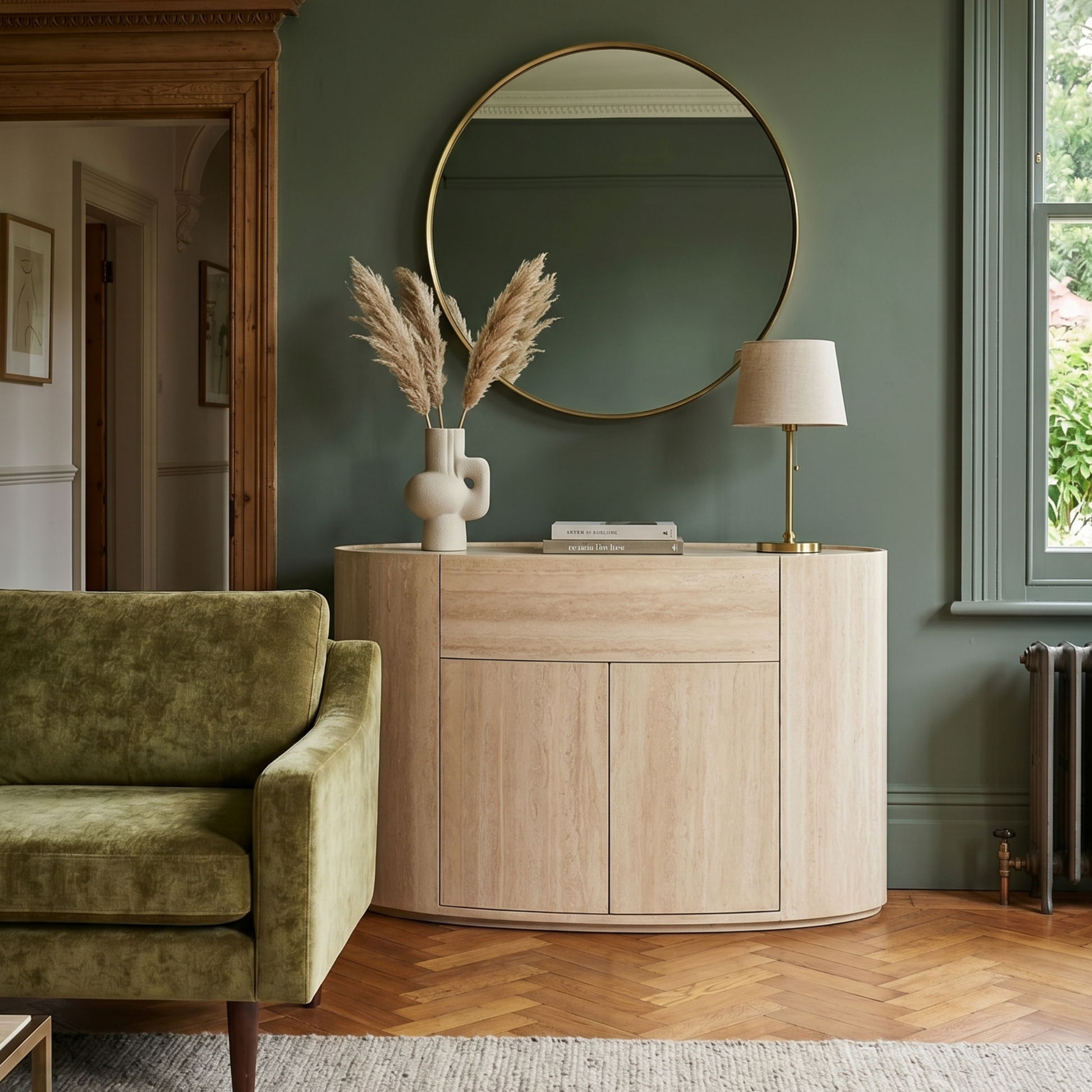 Living room with green sofa, wooden cabinet, and round mirror.