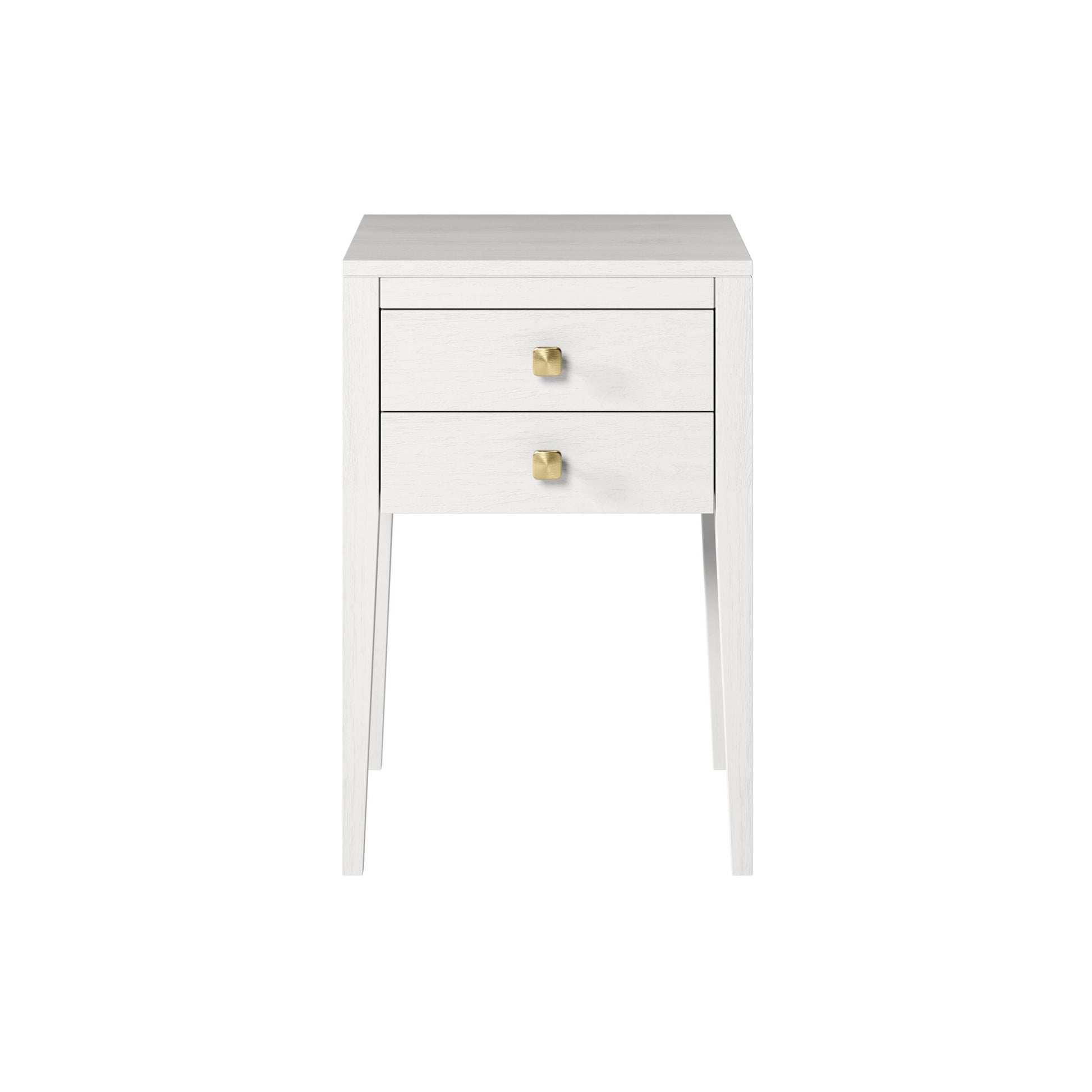 Shop the Radford Bedside table constructed in solid white oak with two drawers with brushed brass style square handles. Shop online today at www.nobleandnook.co.uk