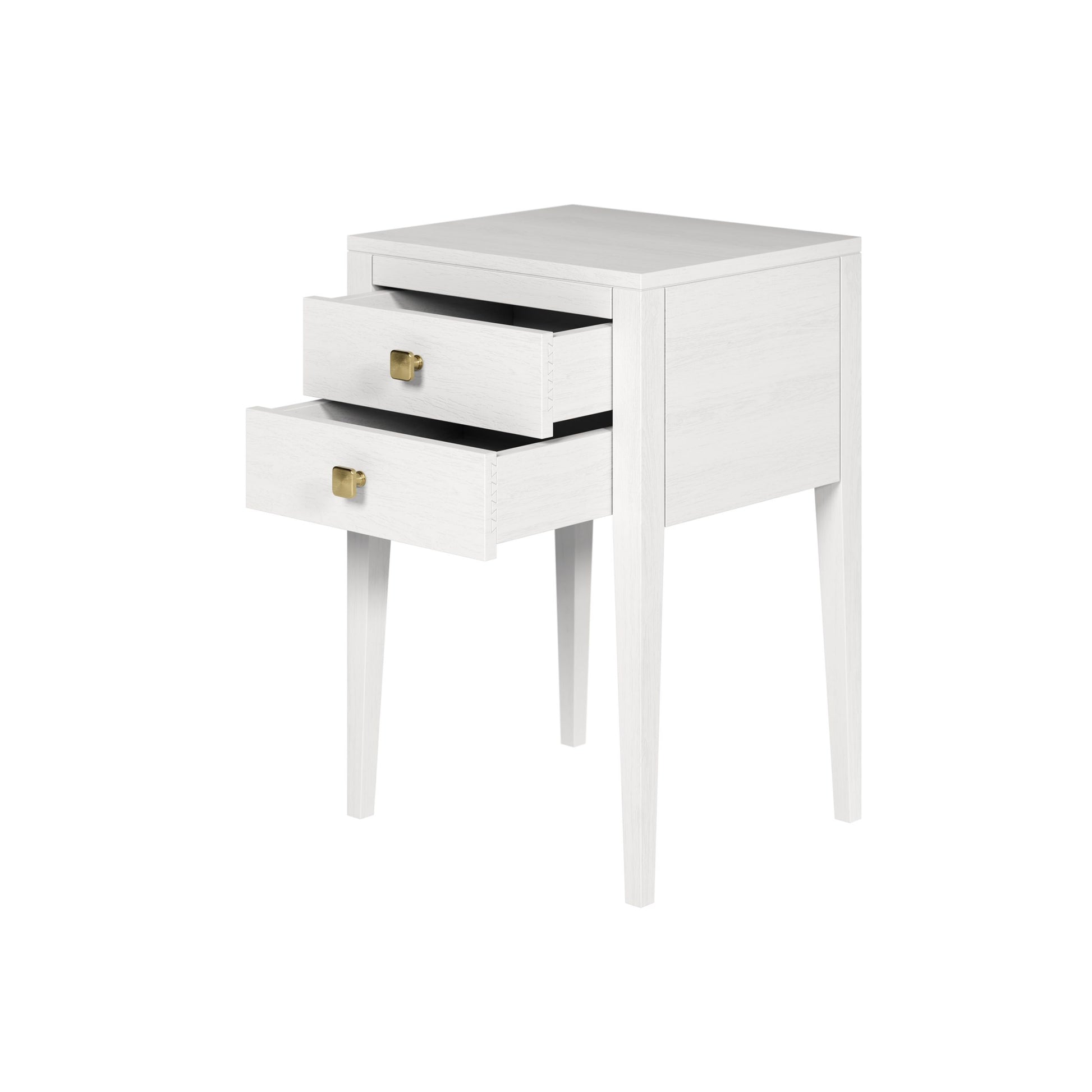 Shop the Radford Bedside table constructed in solid white oak with two drawers with brushed brass style square handles. Shop online today at www.nobleandnook.co.uk