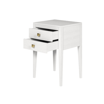 Shop the Radford Bedside table constructed in solid white oak with two drawers with brushed brass style square handles. Shop online today at www.nobleandnook.co.uk