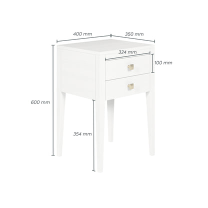 Shop the Radford Bedside table constructed in solid white oak with two drawers with brushed brass style square handles. Shop online today at www.nobleandnook.co.uk