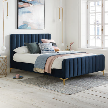 Shop this sophisticated midnight blue velvet bed frame, designed to blend luxury with functionality. FREE UK Mainland Delivery. Shop online today at www.nobleandnook.co.uk