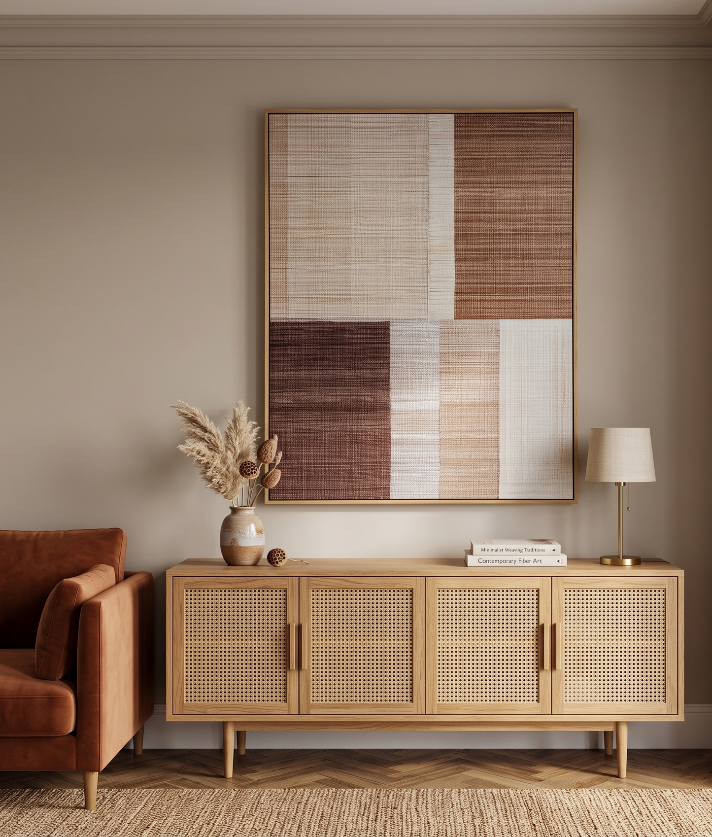 Modern living room with wooden sideboard, armchair, and abstract art on wall.