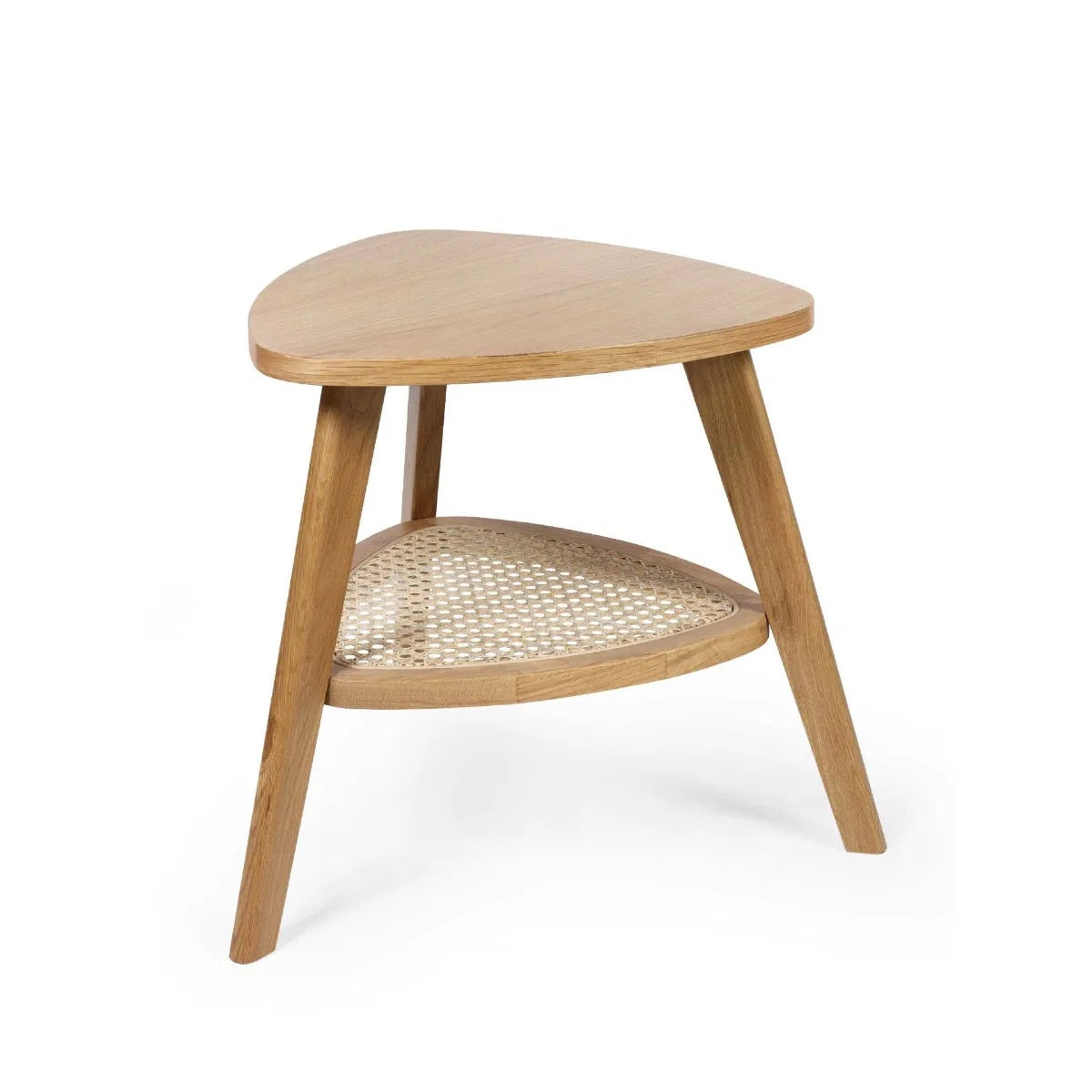 The Vera Side three-legged Table, featuring a rattan-inspired shelf and a warm natural wood finish.  Perfect for smaller spaces. Available at www.nobleandnook.co.uk