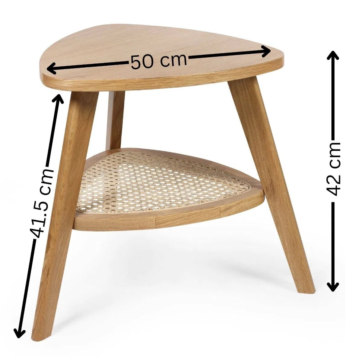The Vera Side three-legged Table, featuring a rattan-inspired shelf and a warm natural wood finish.  Perfect for smaller spaces. Available at www.nobleandnook.co.uk