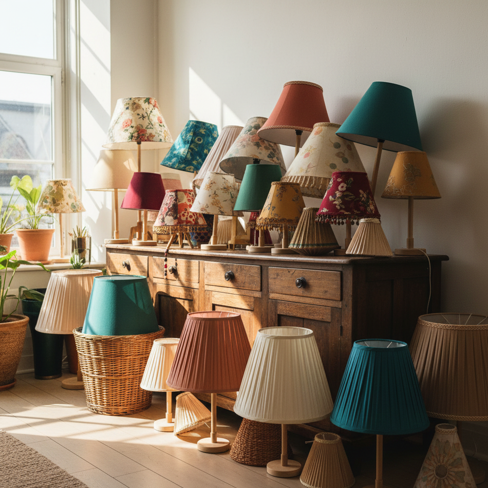 A wide selection of lampshades in different colours and sizes on a wooden side board