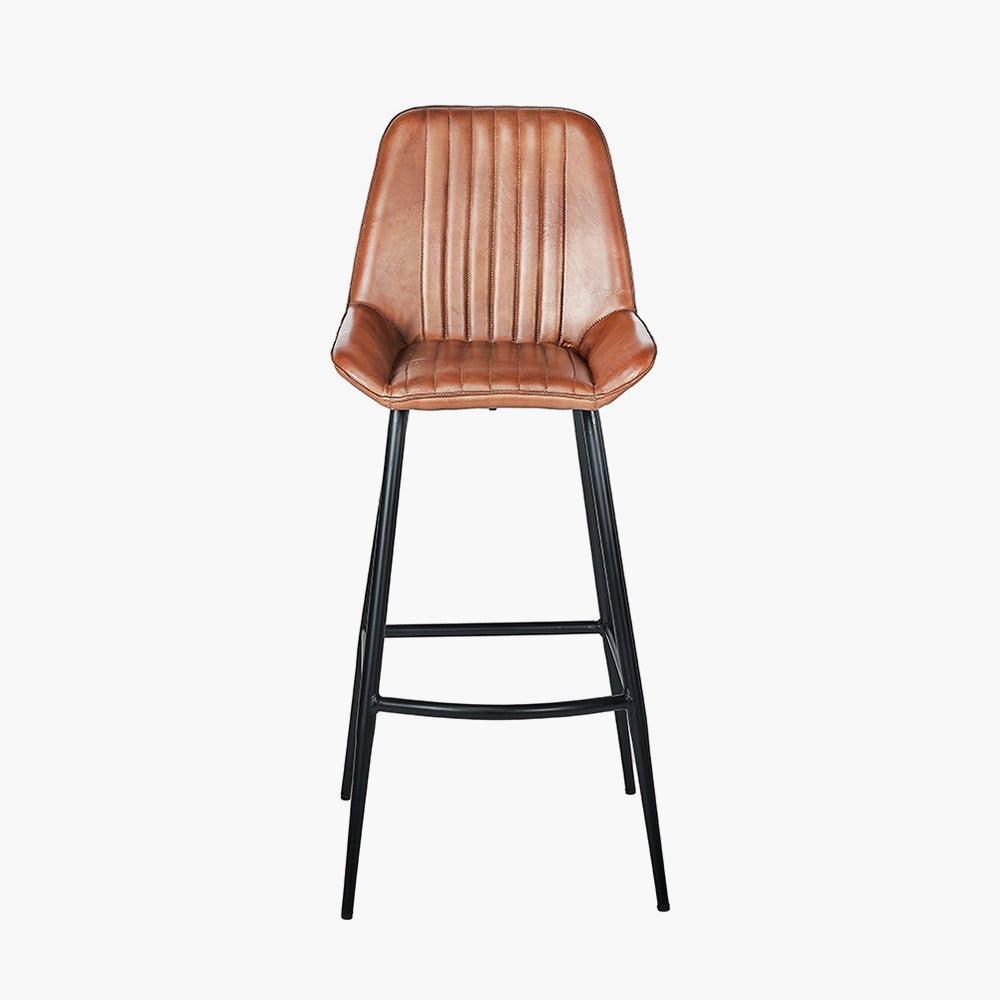 Shop our Vintage Brown Leather and Black Metal Retro Bar Stool, a perfect addition to any kitchen island or breakfast bar. FREE UK MAINLAND DELIVERY. Shop online now at www.nobleandnook.co.uk