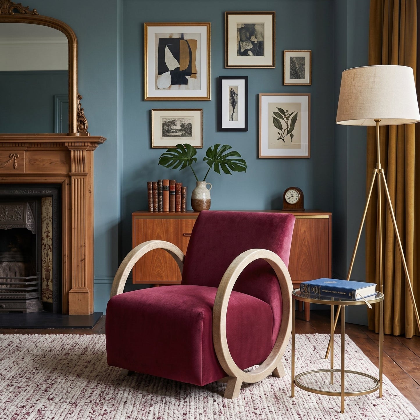 A styled interior room featuring a plush burgundy velvet armchair with light wood oval arms, set on a textured rug in a classic room with a fireplace, blue walls, framed art, a floor lamp, and a side table.