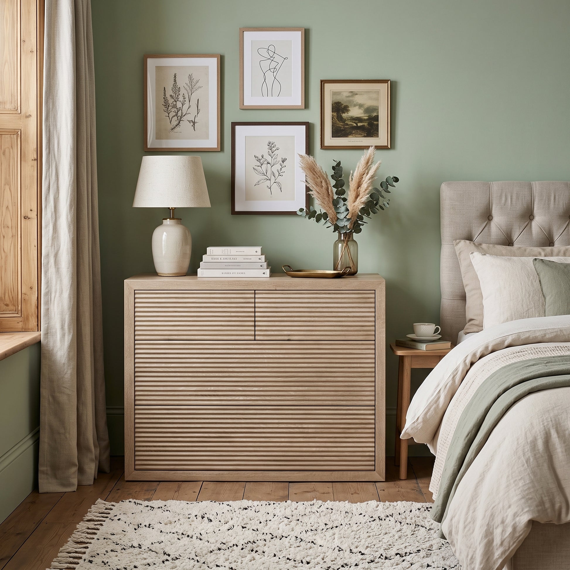 A light natural wood slatted chest of drawers in a styled bedroom, decorated with a lamp, books, a vase of pampas grass, and framed botanical wall art against a sage green wall.
