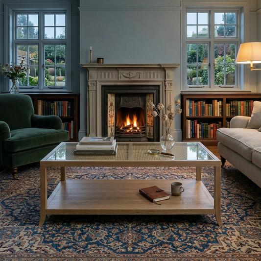 Living room with fireplace, bookshelves, and a coffee table.