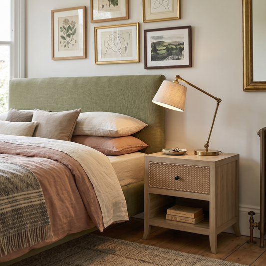 Neatly made bed with green headboard and wooden nightstand in a bedroom setting.