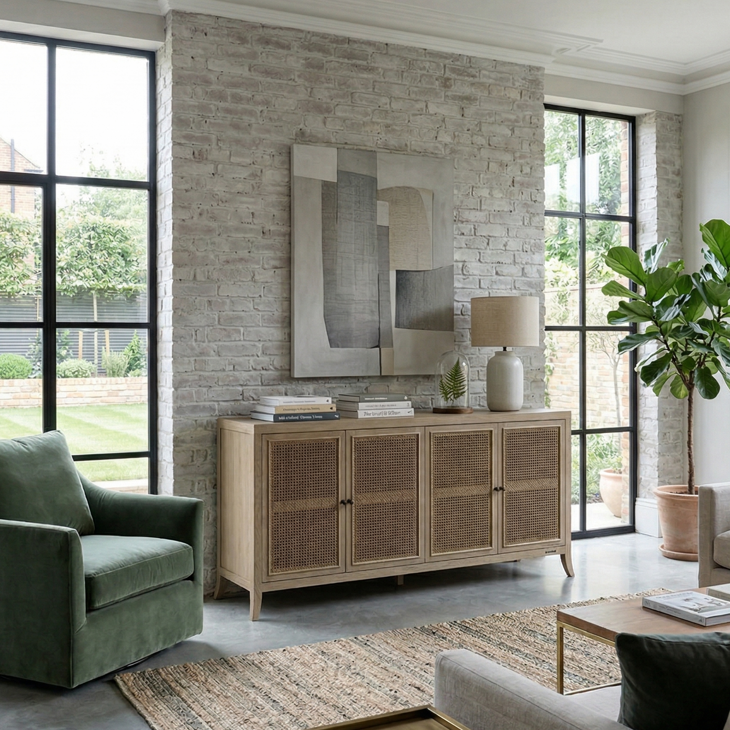 Modern living room with a brick wall, large windows, and decorative furniture.