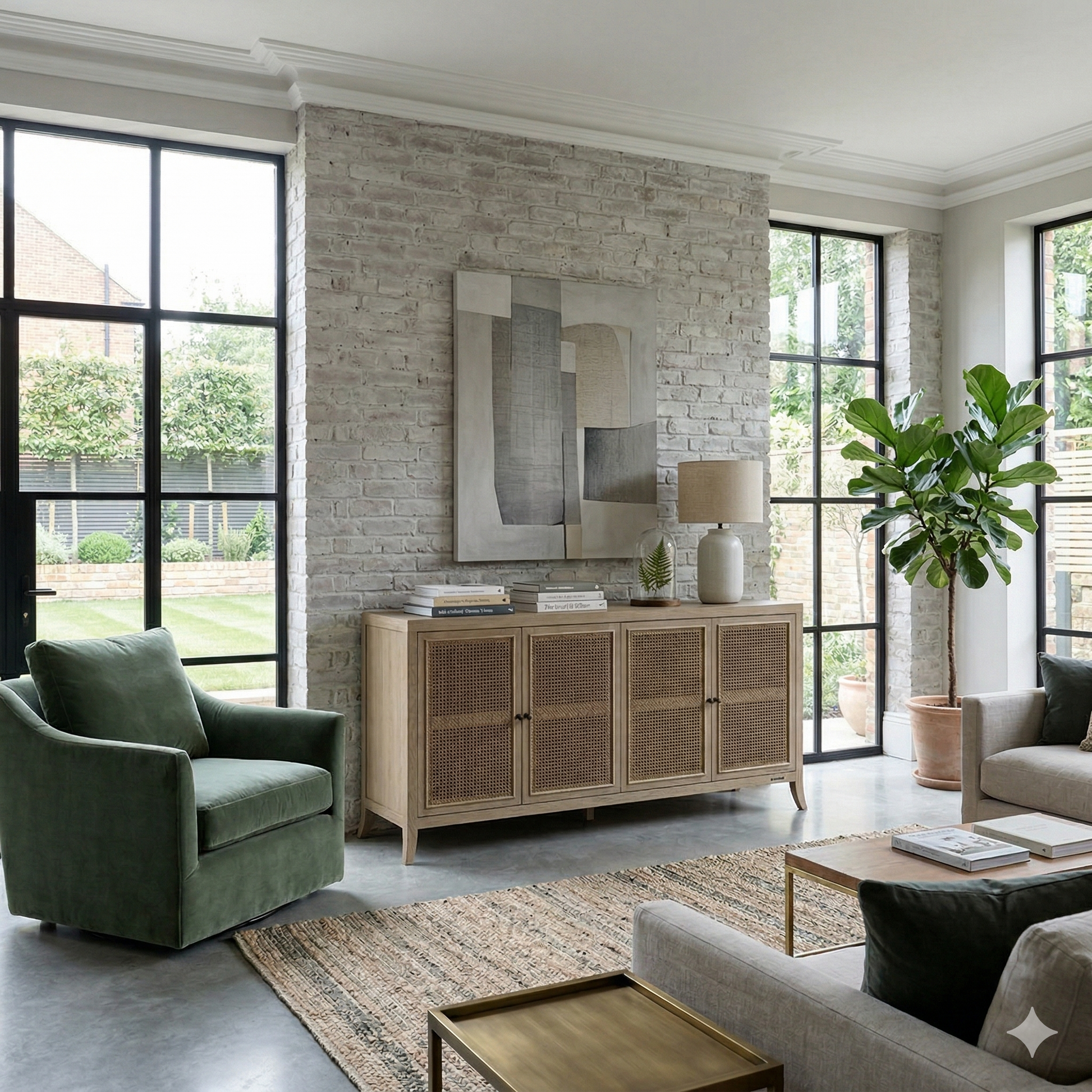 Modern living room with a brick wall, large windows, and decorative furniture.
