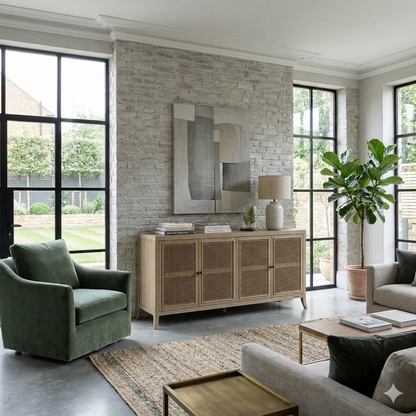 Modern living room with a brick wall, large windows, and decorative furniture.