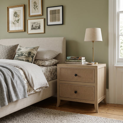 A light wood two-drawer nightstand with woven cane details on the front, styled in a bedroom next to a bed with neutral-toned bedding and a table lamp on top.